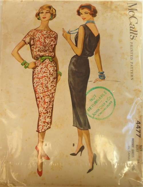 VINTAGE McCALLS 4477 SLIM DRESS WITH V NECK BACK+BELT  SIZE 14 BUST 34` COMPLETE-ZIPLOC BAG