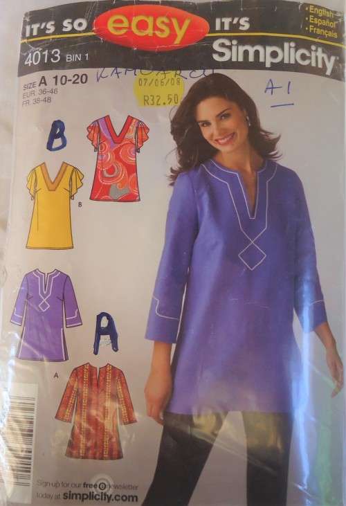 SIMPLICITY 4013 TUNIC SIZE H5 10 - 20 COMPLETE CUT TO 18/20 -ZIPLOC BAG