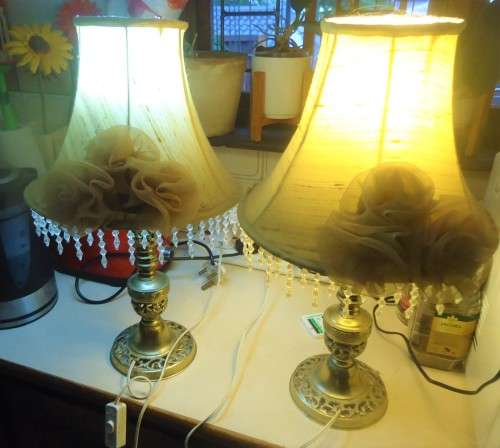 STUNNING PAIR OF SOLID BRASS LAMPSTANDS WITH RETRO CREAM WITH ROSE & DIAMANTE TRIM SHADES