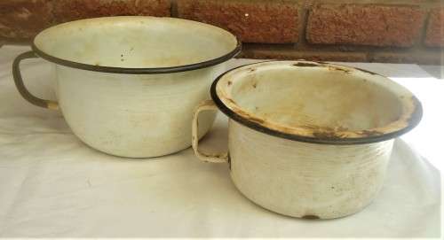 SET OF TWO VINTAGE WHITE ENAMEL POTTIES  WITH BLACK HANDLES FOR DECOR OR PLANTS