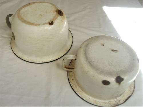 SET OF TWO VINTAGE WHITE ENAMEL POTTIES  WITH BLACK HANDLES FOR DECOR OR PLANTS