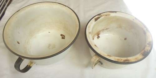 SET OF TWO VINTAGE WHITE ENAMEL POTTIES  WITH BLACK HANDLES FOR DECOR OR PLANTS