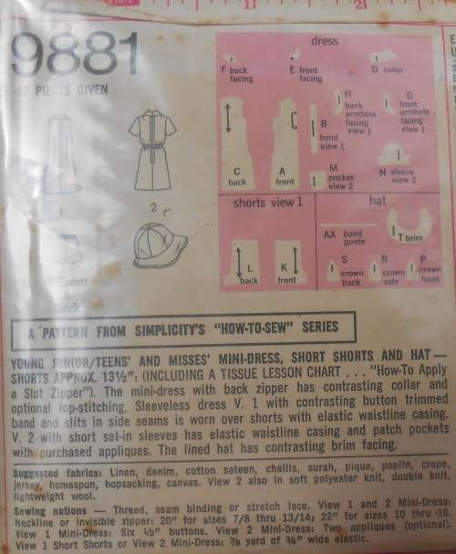 SIMPLICITY PATTERN 9881 MINI-DRESS SHORT SHORTS & HAT SIZE 12 BUST 34 SEE LISTING