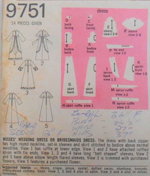 SIMPLICITY 9751 BRIDAL OR BRIDESMAID DRESSES SIZE 10 COMPLETE-UNCUT-F/FOLDED