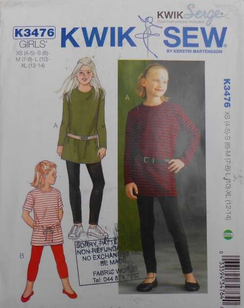 KWIK SEW PATTERNS K3476 GIRLS DRESS/TOP-LEGGINGS SIZE XS-4/5 S-6/7 M-7/8 L-10 XL - 12 YEARS COMPLETE