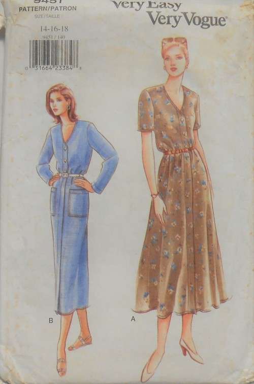 VERY EASY VOGUE PATTERNS 9451 LOOSE FITTING V NECK DRESS SIZE 14-16-18 COMPLETE-UNCUT-F/FOLDED