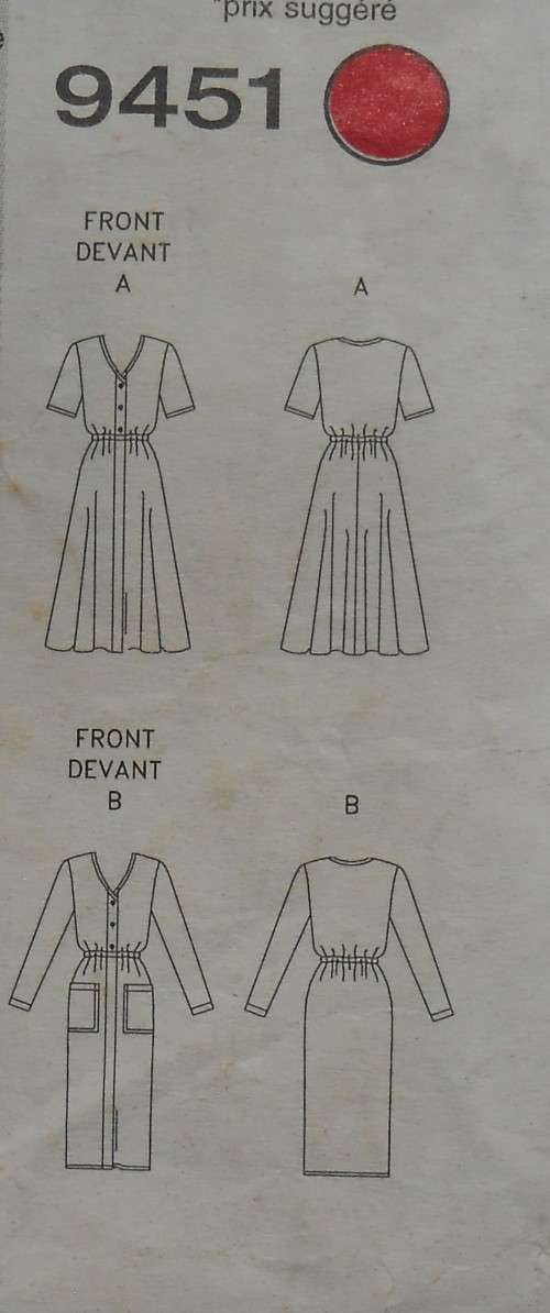 VERY EASY VOGUE PATTERNS 9451 LOOSE FITTING V NECK DRESS SIZE 14-16-18 COMPLETE-UNCUT-F/FOLDED