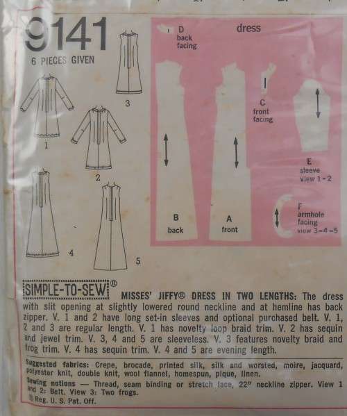 VINTAGE SIMPLICITY 9141 DRESS WITH FRONT OPENING  SIZE 10 BUST 32 1/2 COMPLETE-ZIPLOC BAG