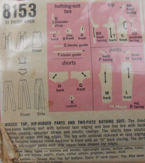 VINTAGE SIMPLICITY 8153 TOP-PANTS-2 PIECE BATHING SUIT  SIZE 12 BUST 34`  COMPLETE