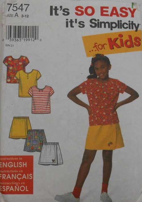 SIMPLICITY 7547  GIRL`S SHORTS & KNIT TOP SIZE A 3 - 12 YEARS -COMPLETE-PART CUT