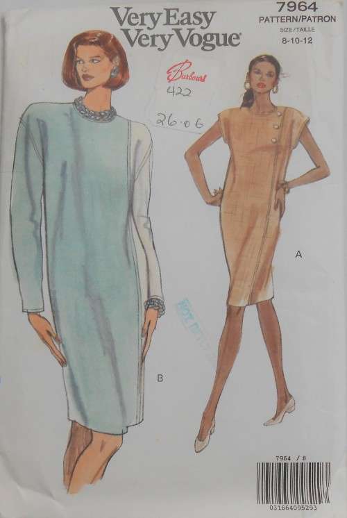 VERY EASY VOGUE 7964 LOOSE FITTING STRAIGHT DRESS SIZES 8-10-12 COMPLETE-CUT TO 12