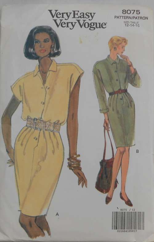 VERY EASY VOGUE 8075 LOOSE FITTING BLOUSON DRESS+CAP SLEEVES SIZES 12-14-16 COMPLETE-UNCUT-F/FOLDED