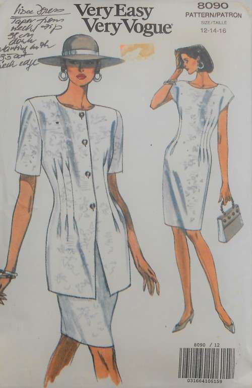 VOGUE 8090 LOOSE FITTING JACKET & SLIGHTLY TAPED DRESS SIZES 12-14-16 COMPLETE-CUT TO 14