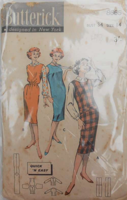 VINTAGE BUTTERICK 8665 PINAFORE & BLOUSE SIZE 14 BUST 34 COMPLETE-ZIPLOC BAG