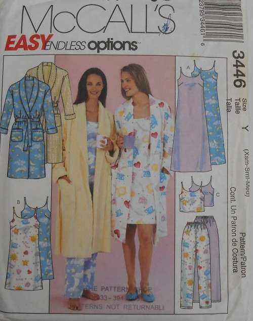 McCALLS 3446 ROBE-NIGHTGOWN-TOP-DRAWSTRING PANTS SIZE Y-XS-S-M (4-14) COMPLETE-UNCUT-F/FOLDED