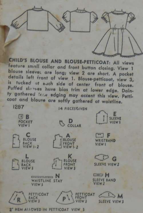 VINTAGE SIMPLICITY 1287 GIRLS BLOUSE & DRESS SIZE 6 YEARS COMPLETE-ZIPLOC BAG