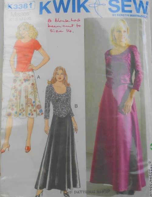 KWIK SEW K3381 LADIES TOPS & SKIRTS   SIZE XS-S-M-L-XL COMPLETE-CUT TO M-ZIPLOC BAG