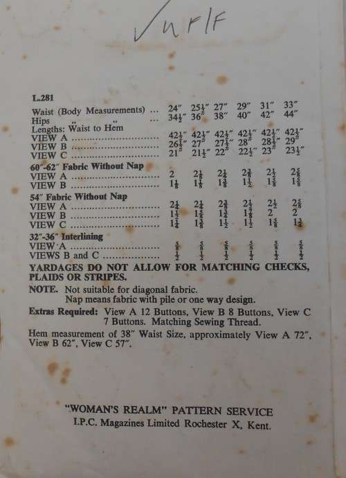 VINTAGE WOMAN`S REALM PATTERN L 281 SKIRT SIZE HIP 40 COMPLETE-UNCUT-F/FOLDED