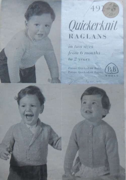P&B  #492 `QUICKERKNIT RAGLANS IN 2 SIZES FROM 6 MONTHS TO 2 YEARS`