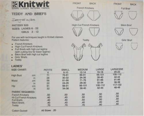 KNITWIT TEDDY AND BRIEFS PATTERN 920 SIZES LADIES 6 - 22 GIRLS 2 - 12