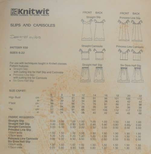 KNITWIT PATTERN 930 SLIPS & CAMISOLES SIZES LADIES 6 - 22