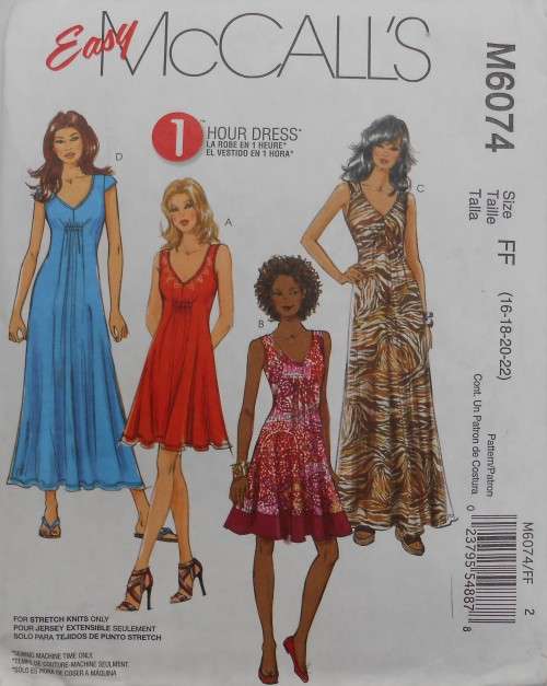 McCALLS M6074  PULLOVER DRESSES SIZE FF 16-18-20-22 COMPLETE CUT TO 22