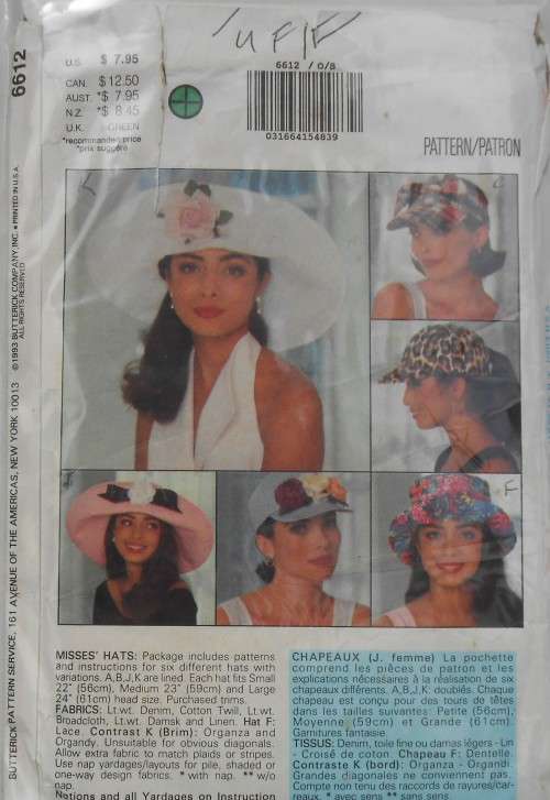 BUTTERICK 6612 12 FABULOUS HATS- COMPLETE-UNCUT-F/FOLDED-ZIPLOC BAG