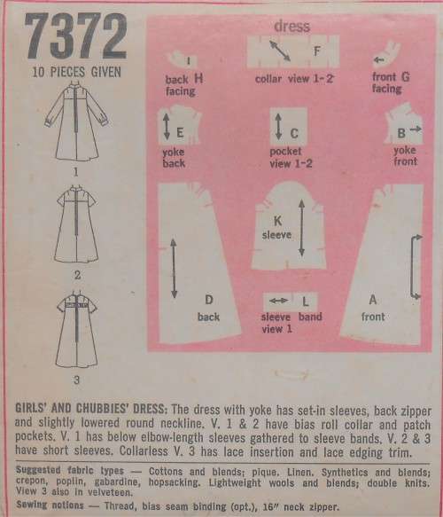 VINTAGE SIMPLICITY 7372 GIRLS & CHUBBIE DRESS SIZE 10 1/2 YEARS BUST 31 1/2 COMPLETE