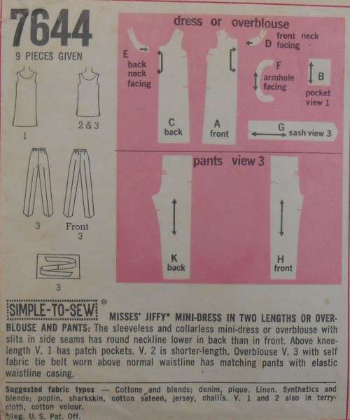 VINTAGE SIMPLICITY 7644 MINI DRESS-OVERBLOUSE-PANTS SIZE 12 BUST 34 COMPLETE