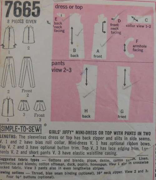 SIMPLICITY 7665 GIRLS MINI DRESS-TOP-PANTS SIZE 8 YEARS BREAST 27 COMPLETE