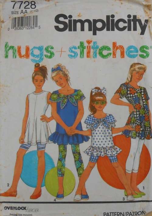 SIMPLICITY 7728 GIRLS LEGGINGS IN 2 LENGTHS-TOPS SIZE A 7-10 YEARS -COMPLETE - ENVELOPE