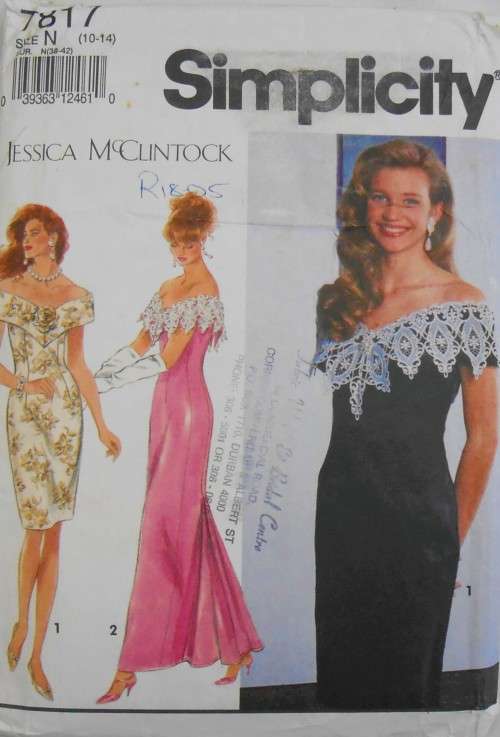 SIMPLICITY 7817 FITTED LINED DRESS OFF THE SHOULDER COLLAR+PLEATED FISHTAIL  SIZE N 10 - 14 COMPLETE