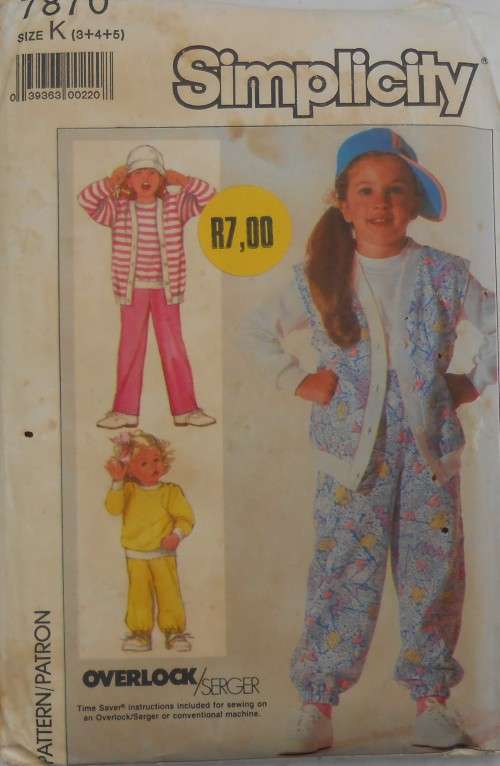 SIMPLICITY 7870 GIRLS TRACKSUIT KNIT CARDIGAN-VEST-TOP-PULL ON PANTS  SIZE K 3-4-5 YEARS COMPLETE