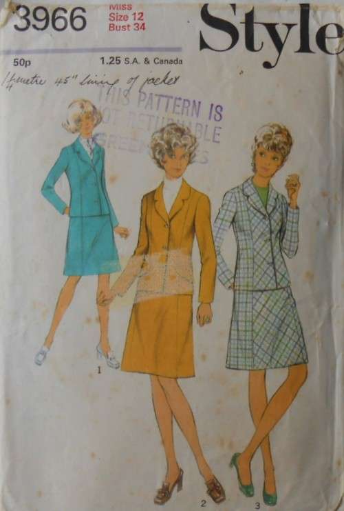 STYLE PATTERN 3966  SUIT WITH LINED PANELED SKIRT SIZE 12 BUST 34 SEE LISTING