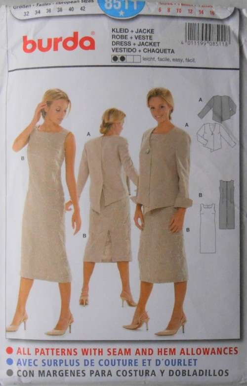BURDA 8511 LADIES DRESS & SHORT JACKET SIZES 6-8-10-12-14-16-18 COMPLETE