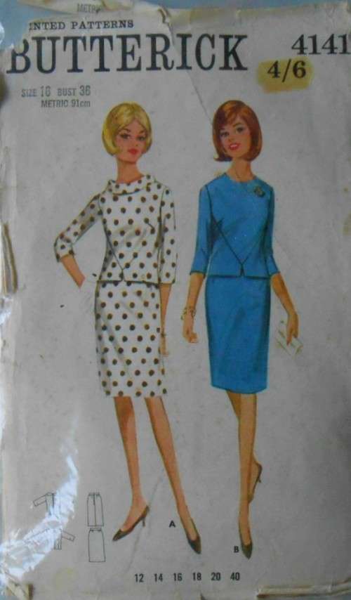 VINTAGE BUTTERICK 4141 TWO PIECE DRESS SIZE 16 BUST 36 COMPLETE-ZIPLOC BAG