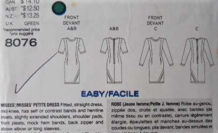 VOGUE 8076 FITTED STRAIGHT DRESS SIZE 8-10-12 COMPLETE