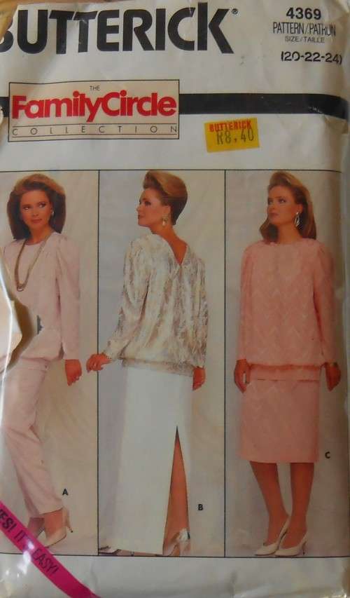 BUTTERICK 4369 TOP-SKIRT-PANTS SIZE 20-22-24 COMPLETE-ZIPLOC
