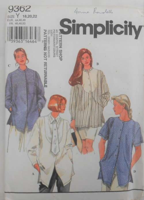 SIMPLICITY 9362 BLOUSES WITH NECK VARIATIONS-SIZE Y 18-20-22  COMPLETE