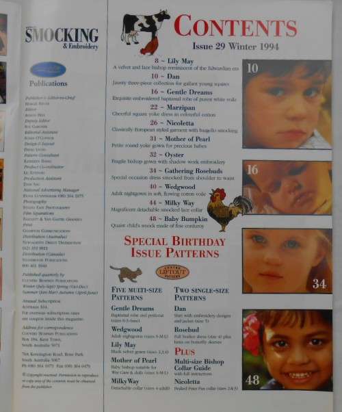 SMOCKING & EMBROIDERY-ISSUE 29-1994  SPECIAL BIRTHDAY EDITION 68 PAGE MAGAZINE WITH PULLOUT PATTERNS