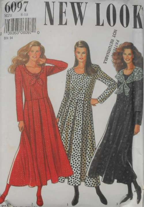 NEW LOOK PATTERNS 6097 HIGH BODICE DRESS WITH LONG SLEEVES SIZE 8 - 18 COMPLETE