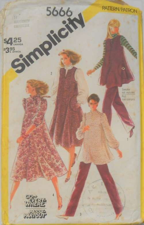 SIMPLICITY 5666 MATERNITY PULL ON PANTS-PINAFORE-TUNIC-DRESS-BLOUSE SIZE 14 COMPLETE-UNCUT-F/FOLDED