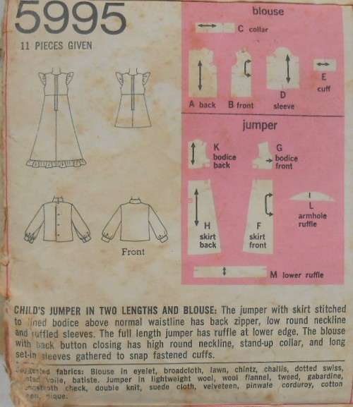 SIMPLICITY 5995  GIRLS PINAFORE & BLOUSE SIZE 3 YEARS BREAST 22 - NO COLLAR PATTERN SUPPLIED-ZIPLOC