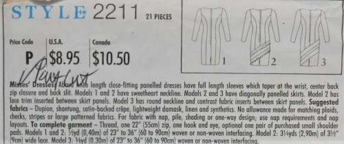 STYLE 2211 CLOSE FITTING PANELED DRESSES SIZE A 6-16 COMPLETE-PART CUT