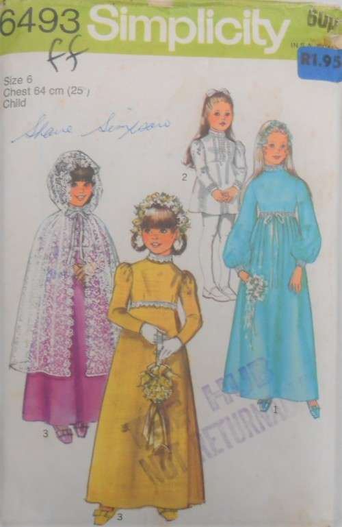 SIMPLICITY PATTERNS 6493 GIRLS DRESS IN 2 LENGTHS AND CAPE SIZE 6 YEARS CHEST 64CM COMPLETE