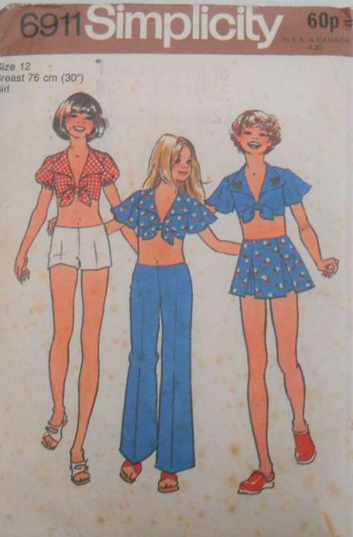 SIMPLICITY PATTERNS 6911 GIRLS HIP HUGGER PANTS-SHORTS-SKIRT-MIDRIFF TOP SIZE 12 YR BREAST 76 CM