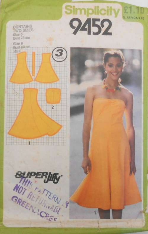 SIMPLICITY 9452  STRAPLESS DRESS OR TOP SIZE 6-8 BUST 76-80 CM COMPLETE