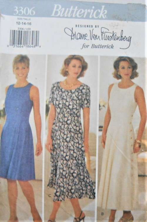 BUTTERICK 3306 DRESS WITH FITTED LINED BODICE SIZE 12-14-16 COMPLETE -CUT TO 16
