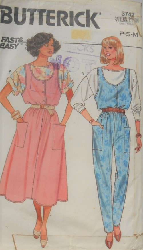BUTTERICK 3742 PINAFORE-JUMPSUIT-TOP SIZE P-S-M (6-14) -COMPLETE-ZIPLOC