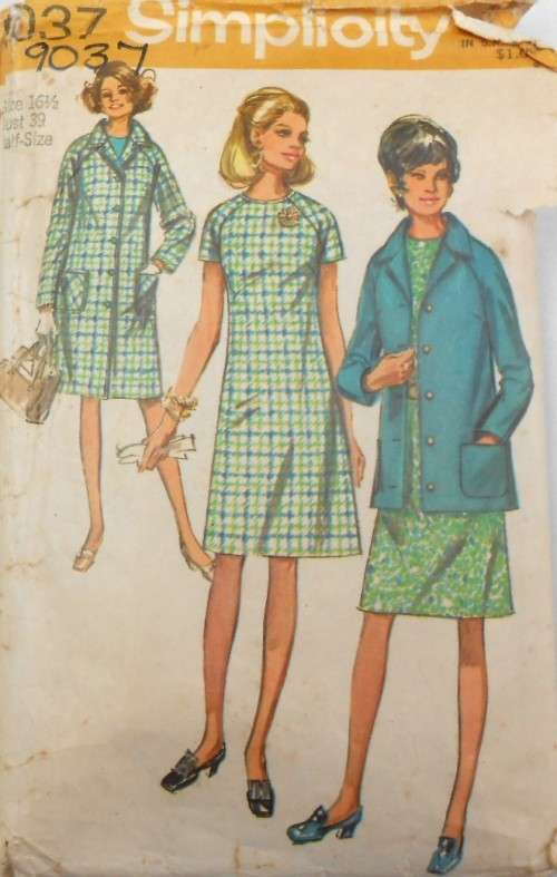 VINTAGE SIMPLICITY 9037 COAT-JACKET-DRESS SIZE 16 1/2 BUST 39 COMPLETE